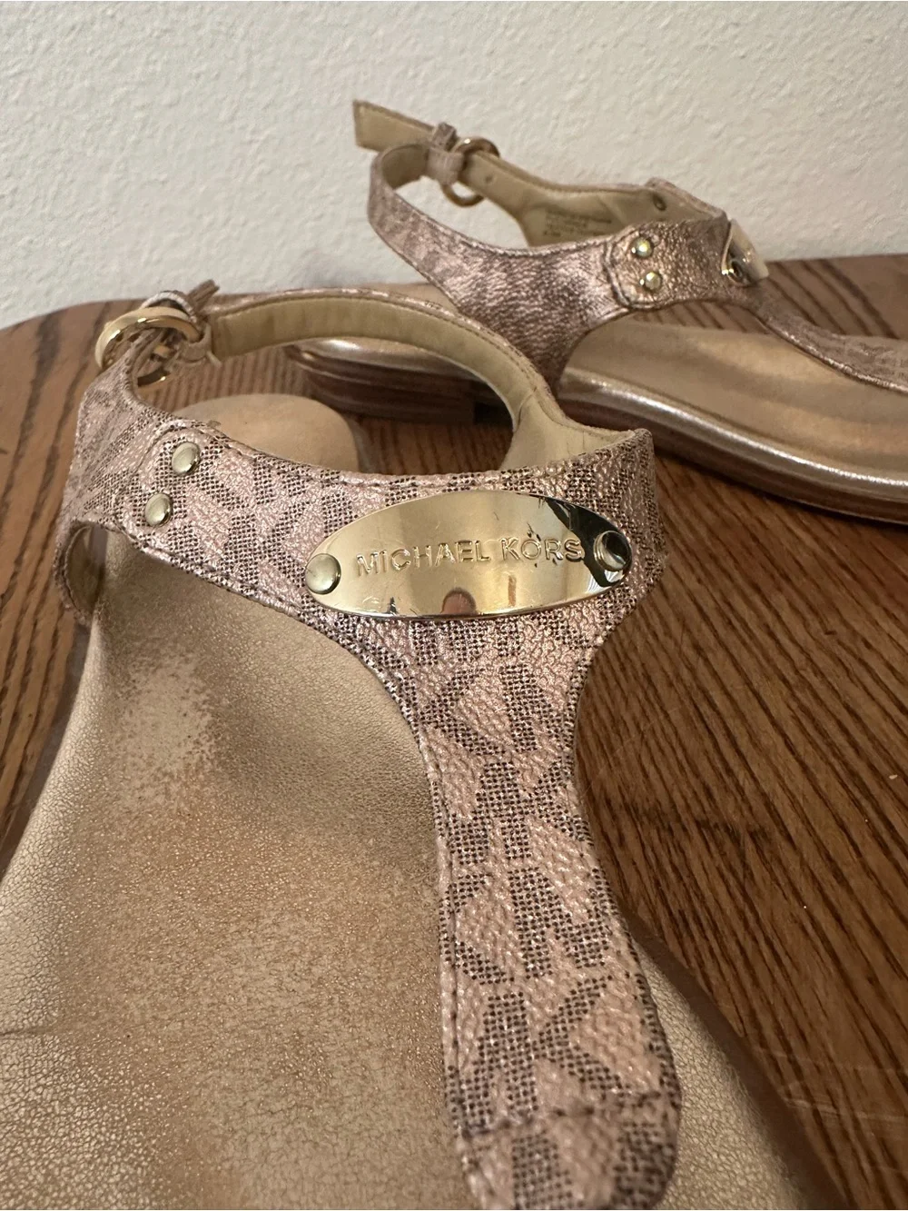 Michael Kors Metallic Rose Gold MK Logo T-Strap Sandal